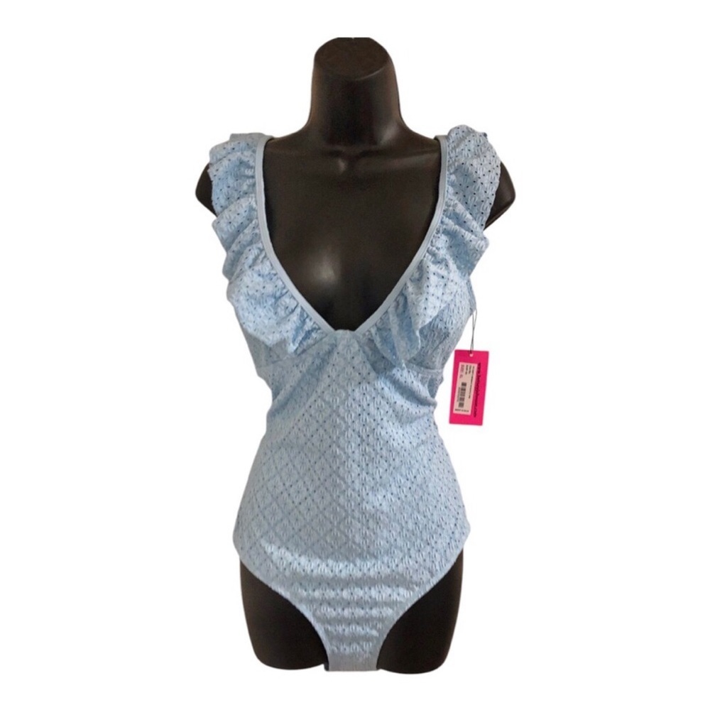 Betsey Johnson Clear sky blue 1piece Ruffle strap eyelet Swimsuit size large new - Picture 15 of 15